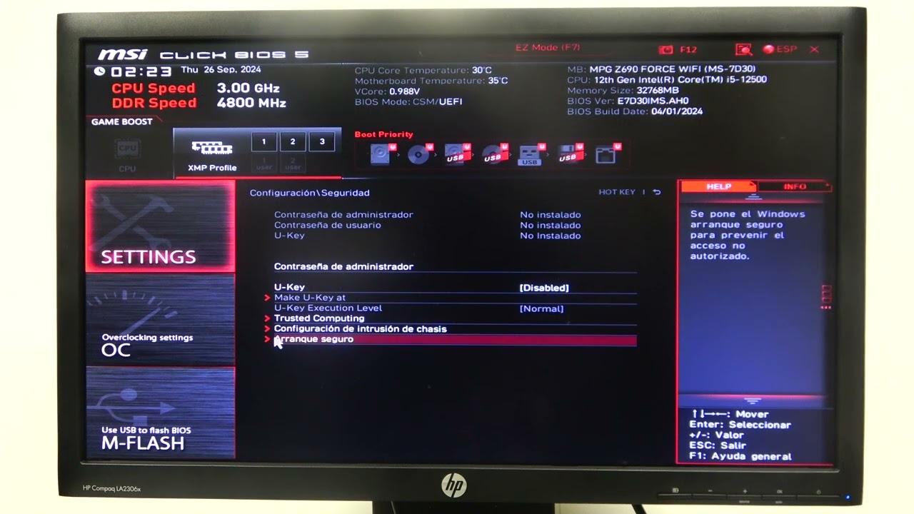 activar arranque seguro tras actualizar BIOS
