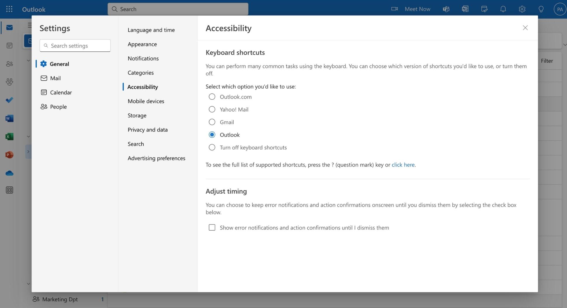 Lista de combinaciones de teclado para Outlook