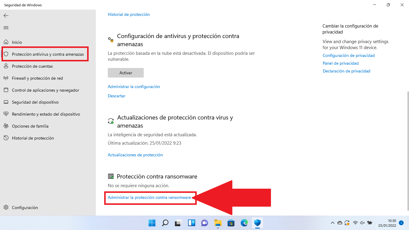 configuracion seguridad ransomware windows 11