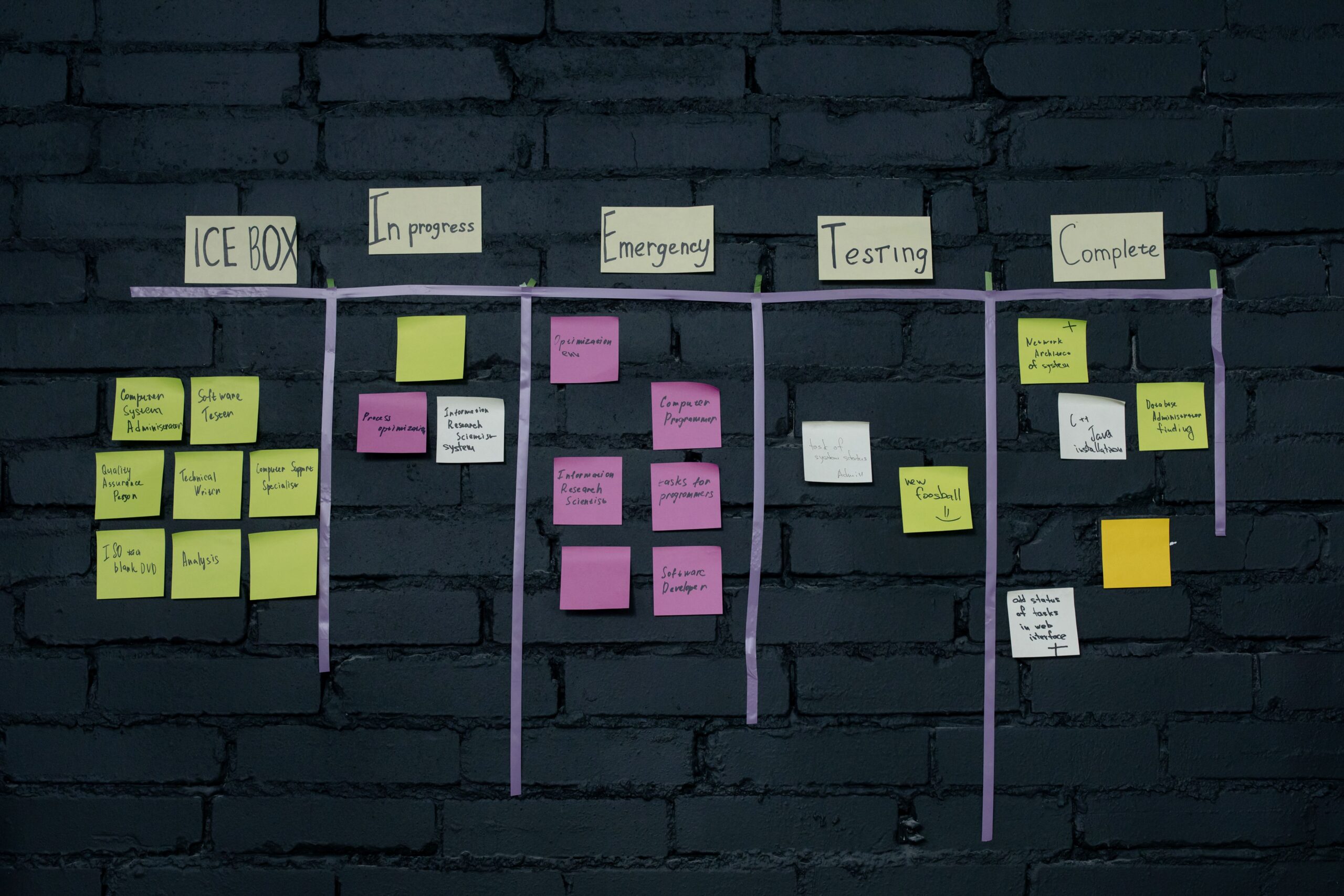 Tablero Kanban con notas adhesivas organizando tareas de desarrollo, simbolizando la descomposición de tareas complejas.