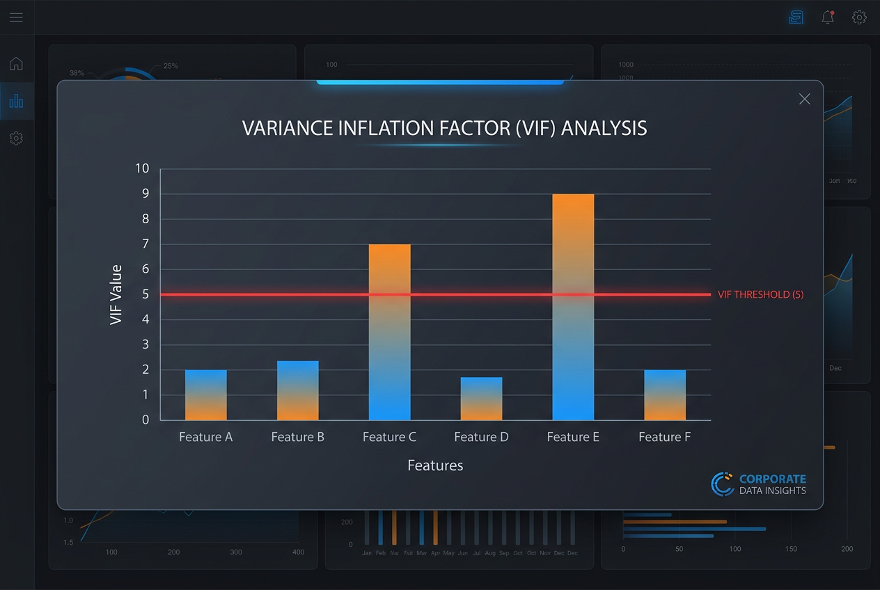 A high-quality digital bar chart showing Variance Inflation Factor (VIF) values with a red threshold line at 5 to identify problematic variables.