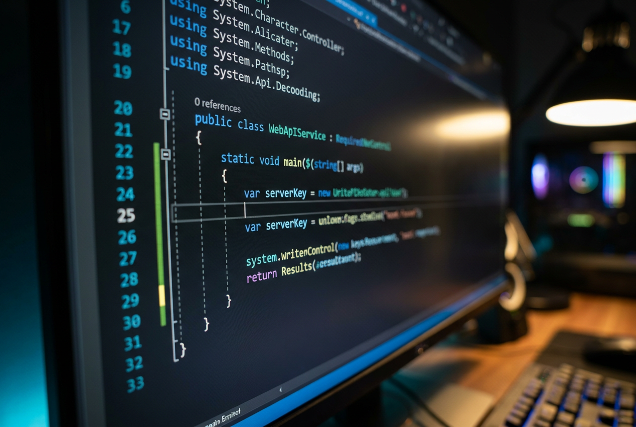 Professional C# source code displayed on a monitor in Visual Studio, illustrating the technical implementation of the VIF calculation.
