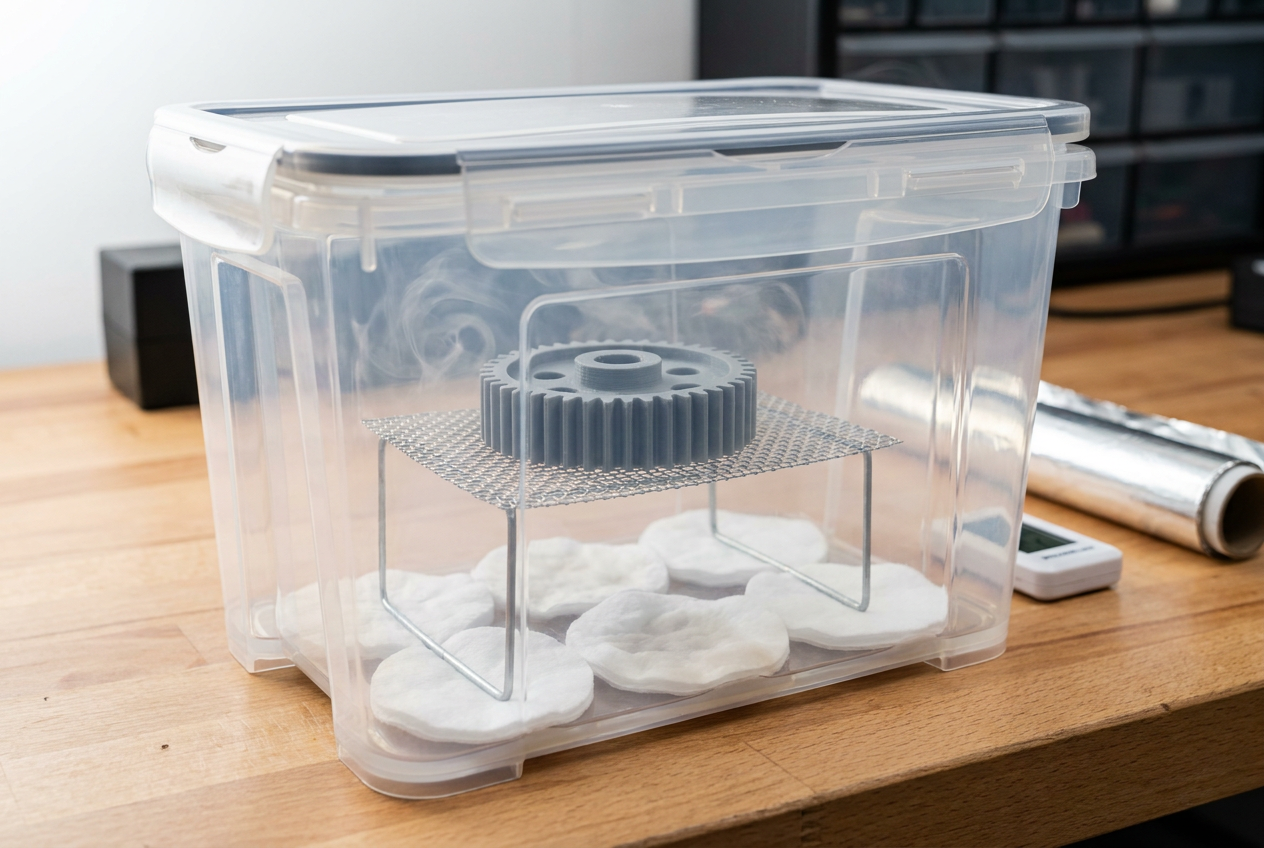 Caja de alisado químico casera con vapores de acetona para suavizar piezas de plástico ABS impresas en 3D.