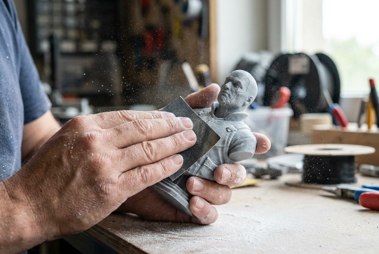 Persona lijando manualmente una pieza de plástico impresa en 3D en un taller para eliminar las líneas de capa.
