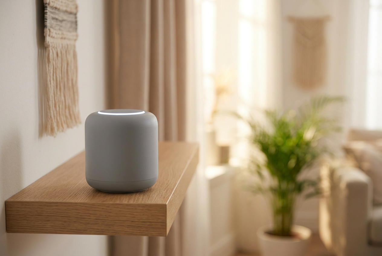 Satélite de voz genérico y minimalista con anillo LED, situado en una estantería moderna, representando el hardware privado de Home Assistant.