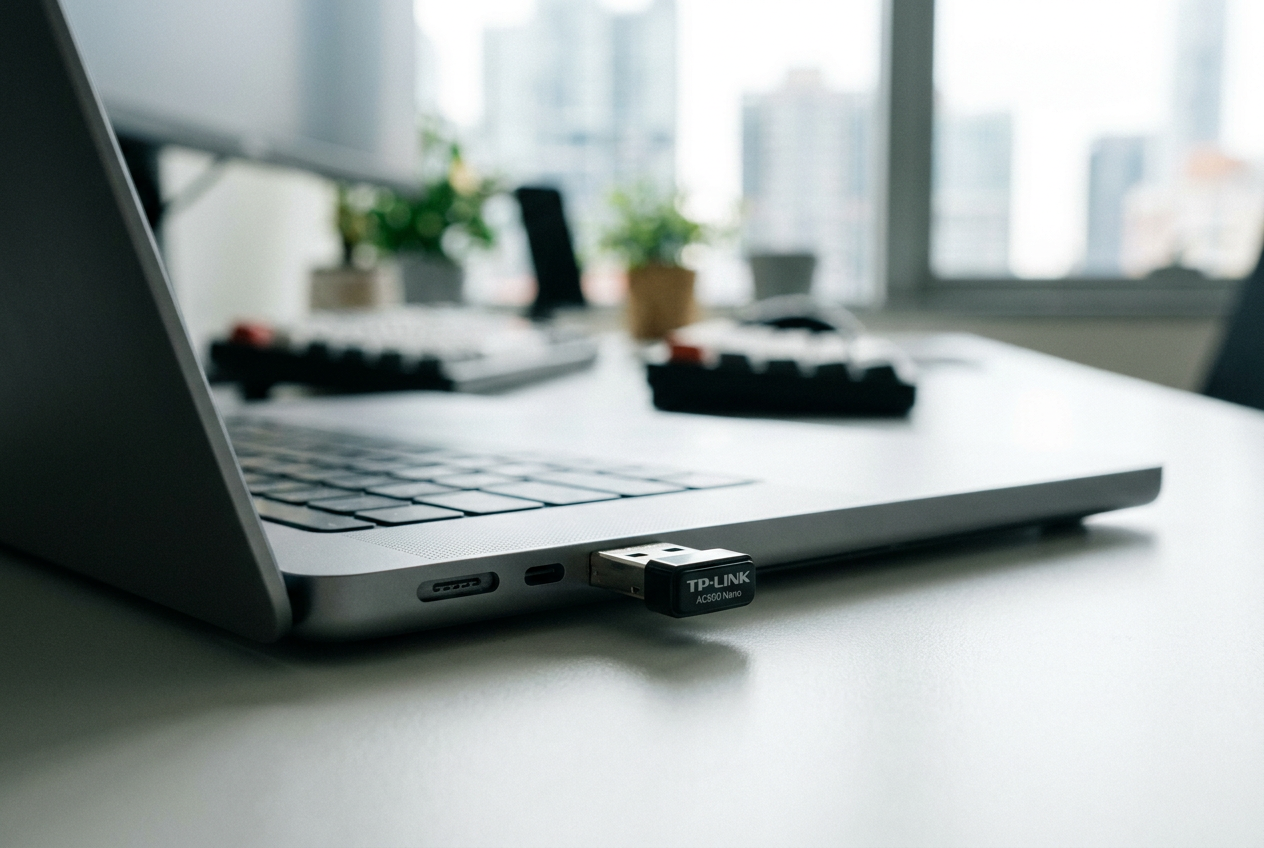Adaptador Wi-Fi USB compacto conectado a un ordenador portátil