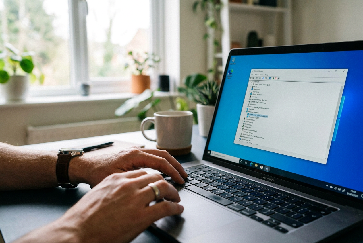 Vista del Administrador de dispositivos de Windows identificando la tarjeta de red inalámbrica