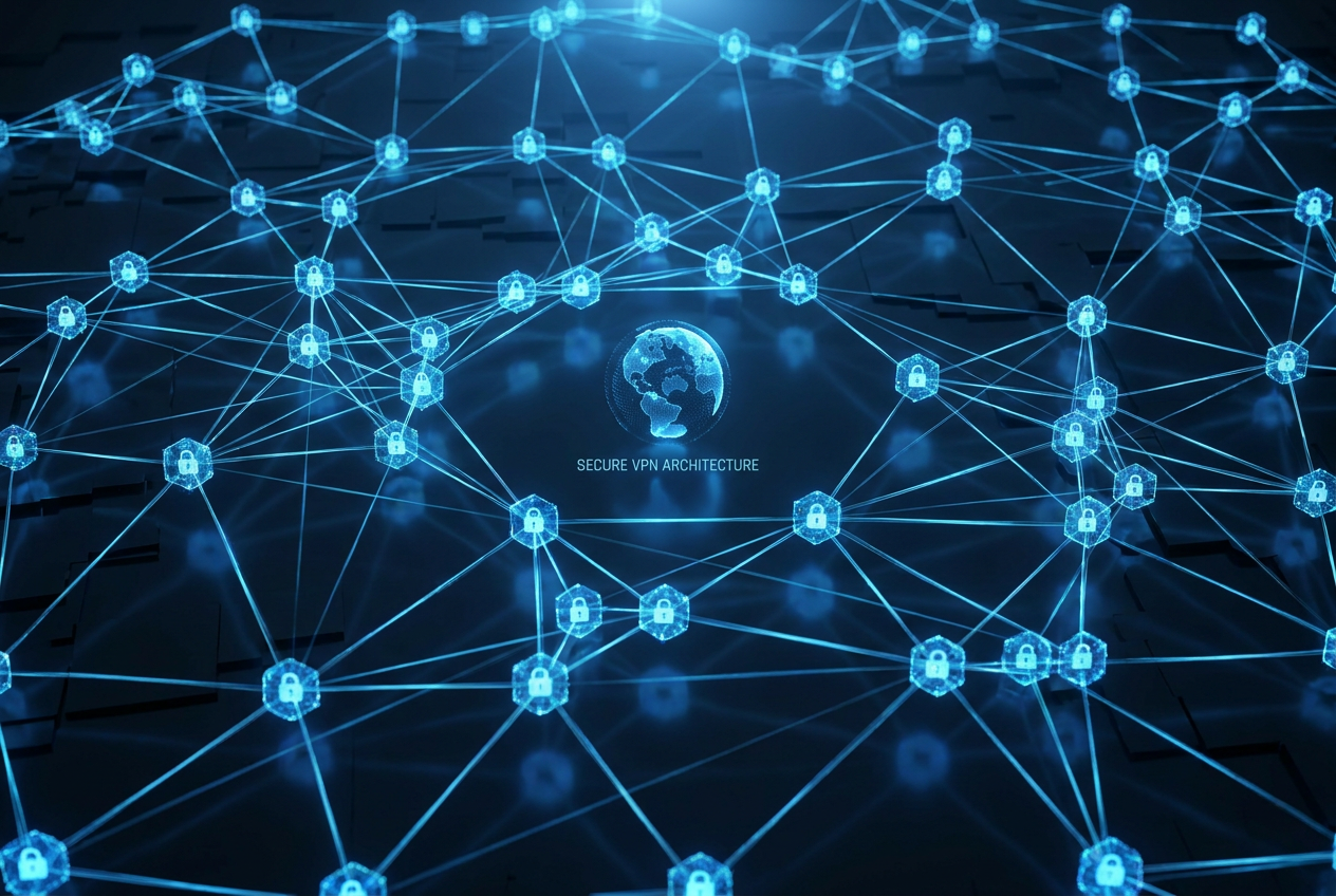 Representación conceptual de una red mallada (mesh network) de Tailscale con nodos interconectados y cifrados.