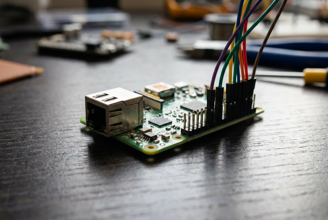 Primer plano de una placa de circuito de una Raspberry Pi con puerto de red, ideal para montar un servidor VPN Tailscale.