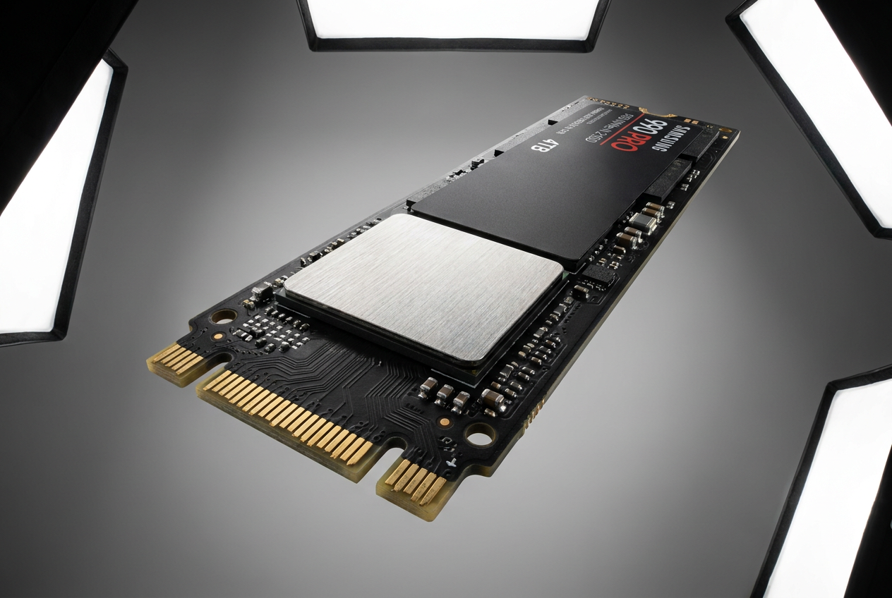Primer plano profesional de un disco SSD NVMe M.2, resaltando la tecnología de almacenamiento rápido para optimizar el arranque del PC.