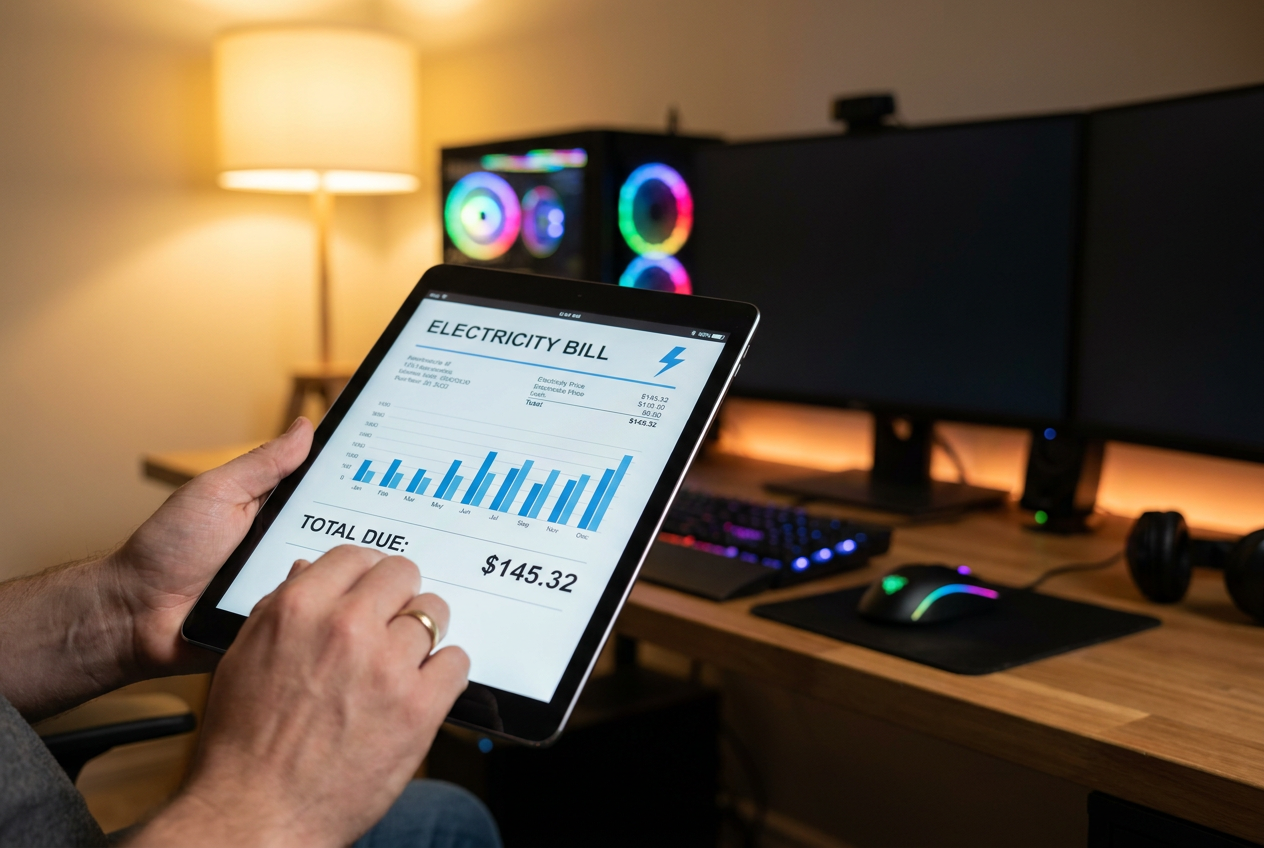 Persona revisando la factura de luz en una tablet con un PC gaming de fondo, relacionando el consumo energético con el coste mensual.