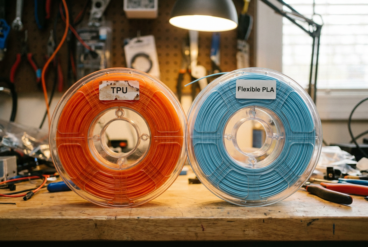Comparativa de dos bobinas de filamento para impresión 3D: una de TPU en color naranja y otra de PLA flexible en color azul.