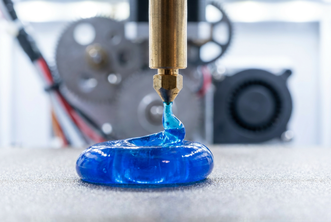Fotografía macro de una boquilla de impresora 3D extruyendo filamento flexible de TPU azul.
