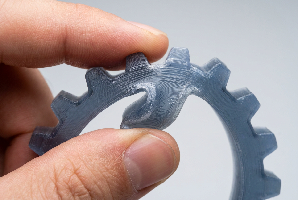 Primer plano de una mano doblando una pieza flexible impresa en 3D con filamento TPU, mostrando su elasticidad y las líneas de capa.