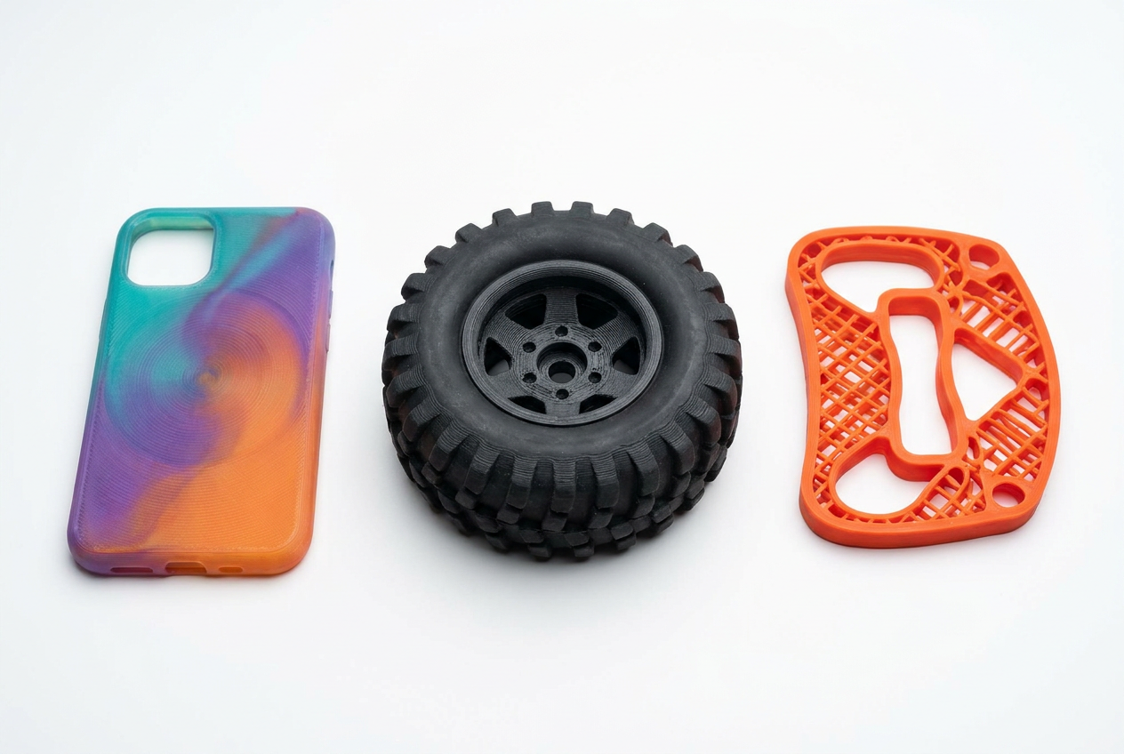 Colección de objetos impresos en 3D con materiales flexibles: una funda de móvil, una rueda de goma y una junta estanca. Colección de objetos impresos en 3D con materiales flexibles: una funda de móvil, una rueda de goma y una junta estanca.
