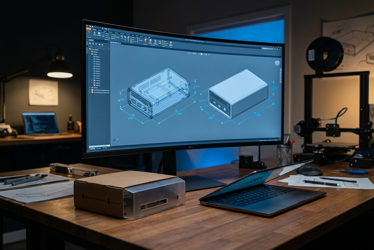 Espacio de trabajo tecnológico con un monitor mostrando un software CAD 3D para el diseño de packaging de electrónica con medidas técnicas. Espacio de trabajo tecnológico con un monitor mostrando un software CAD 3D para el diseño de packaging de electrónica con medidas técnicas.