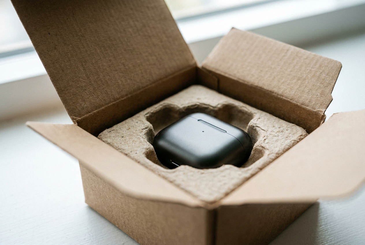 Primer plano de una experiencia de unboxing premium y sostenible para un gadget electrónico en una caja de papel kraft. Primer plano de una experiencia de unboxing premium y sostenible para un gadget electrónico en una caja de papel kraft.