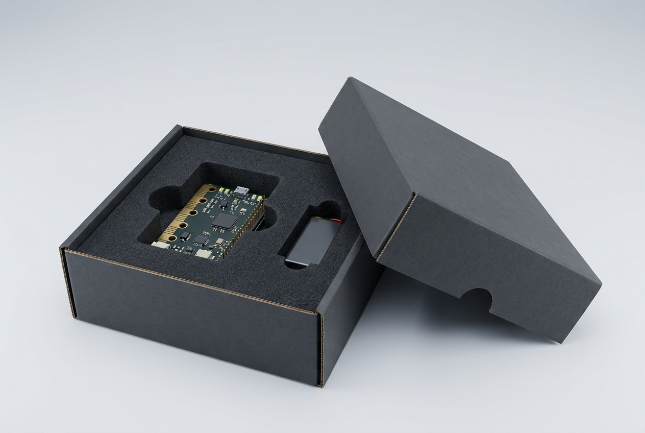 Renderizado 3D profesional de una caja de embalaje a medida para un dispositivo electrónico de alta gama, mostrando el inserto de espuma negra cortado con precisión. Renderizado 3D profesional de una caja de embalaje a medida para un dispositivo electrónico de alta gama, mostrando el inserto de espuma negra cortado con precisión.