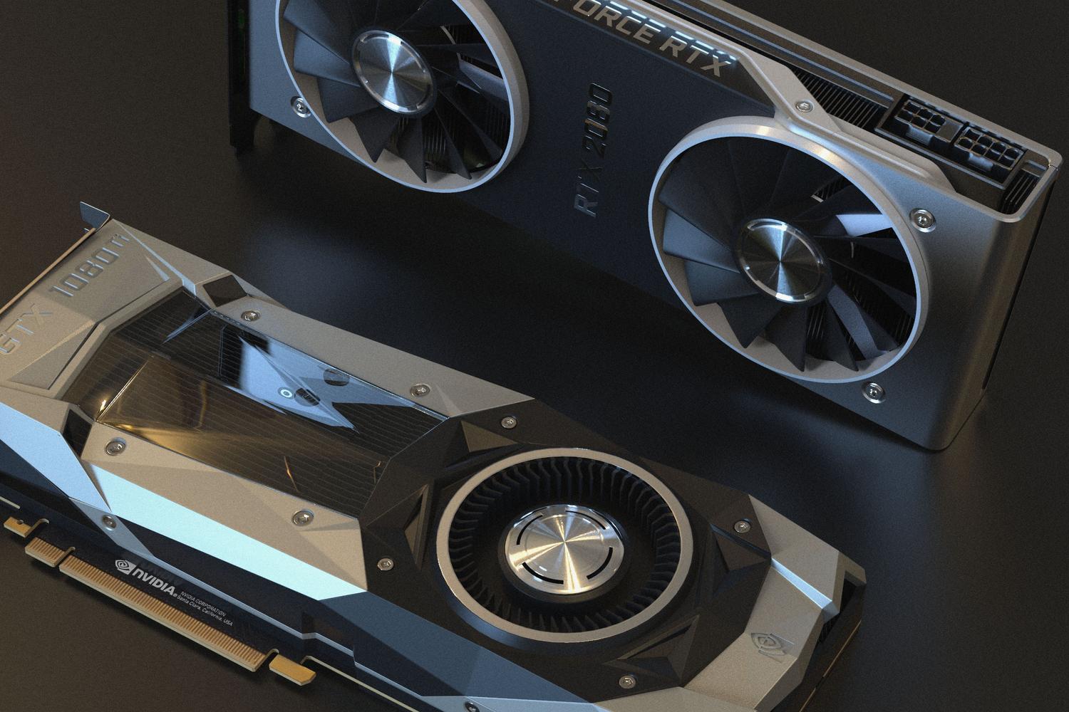 Vista superior de tarjetas gráficas NVIDIA GTX y RTX sobre un fondo neutro, representando el hardware de GPU. Vista superior de tarjetas gráficas NVIDIA GTX y RTX sobre un fondo neutro, representando el hardware de GPU.