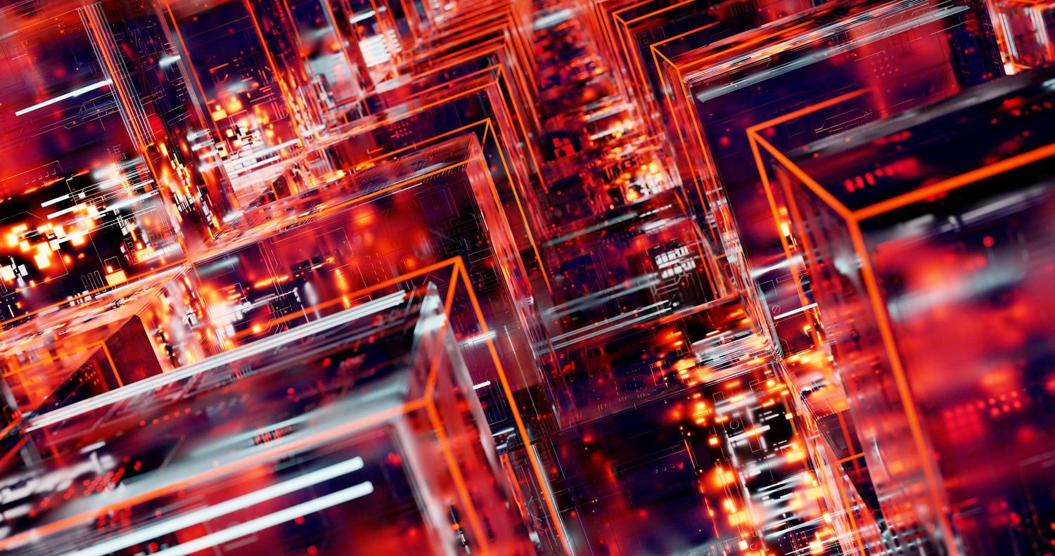 Arte digital abstracto con bloques geométricos y luces LED, simbolizando la creatividad visual y la generación de imágenes con IA.