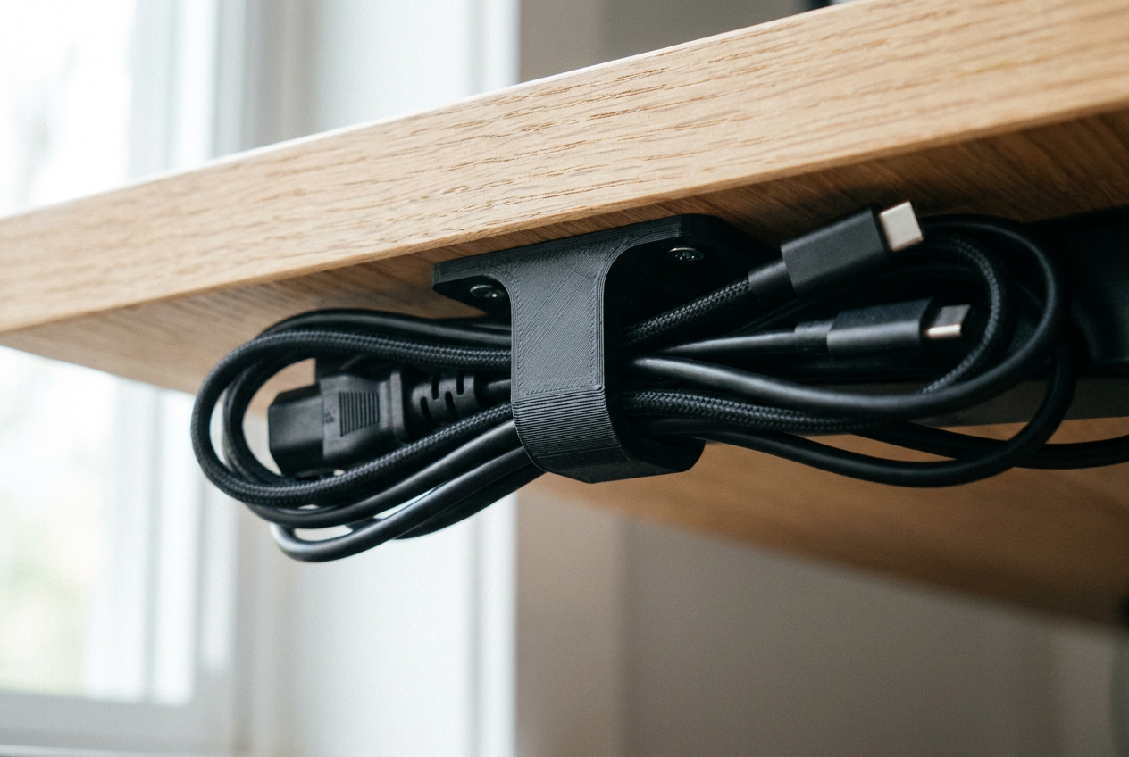 Organizador de cables impreso en 3D fijado bajo la superficie de un escritorio de madera