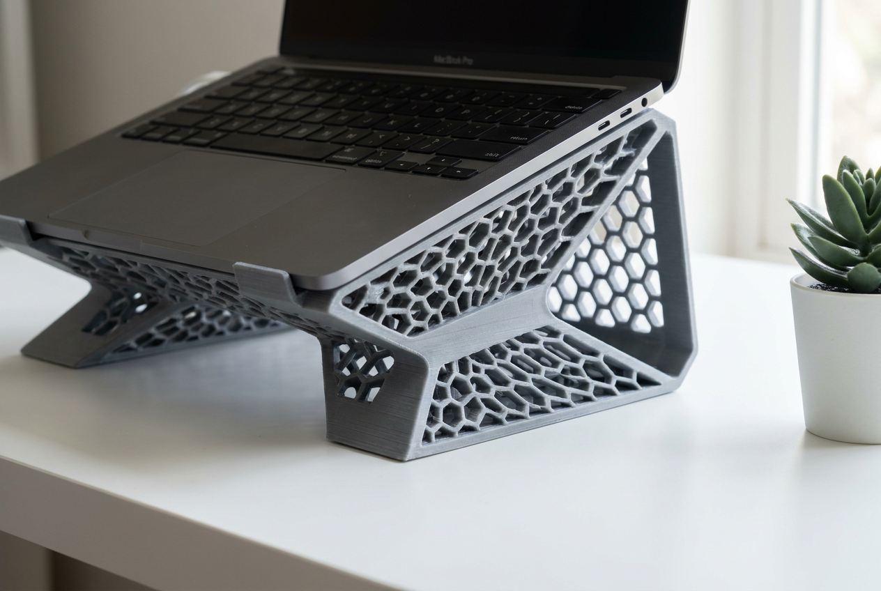 Laptop plateada sobre un soporte de ventilación impreso en 3D con estructura de rejilla geométrica Voronoi en un escritorio blanco minimalista. Laptop plateada sobre un soporte de ventilación impreso en 3D con estructura de rejilla geométrica Voronoi en un escritorio blanco minimalista.