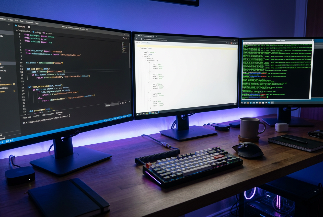 Entorno de desarrollo profesional con múltiples monitores mostrando código y configuraciones de API. Entorno de desarrollo profesional con múltiples monitores mostrando código y configuraciones de API.