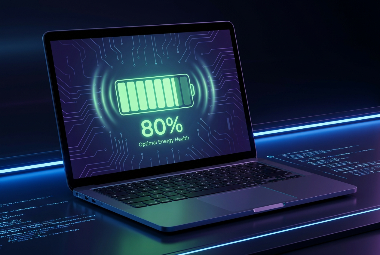 Ilustración digital de una pantalla de portátil mostrando una batería al 80% para representar el límite de carga saludable. Ilustración digital de una pantalla de portátil mostrando una batería al 80% para representar el límite de carga saludable.