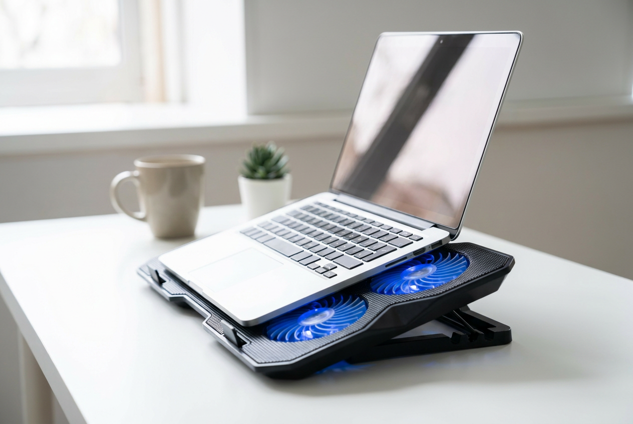 Portátil apoyado sobre una base refrigerante ergonómica para evitar el desgaste por calor. Portátil apoyado sobre una base refrigerante ergonómica para evitar el desgaste por calor.