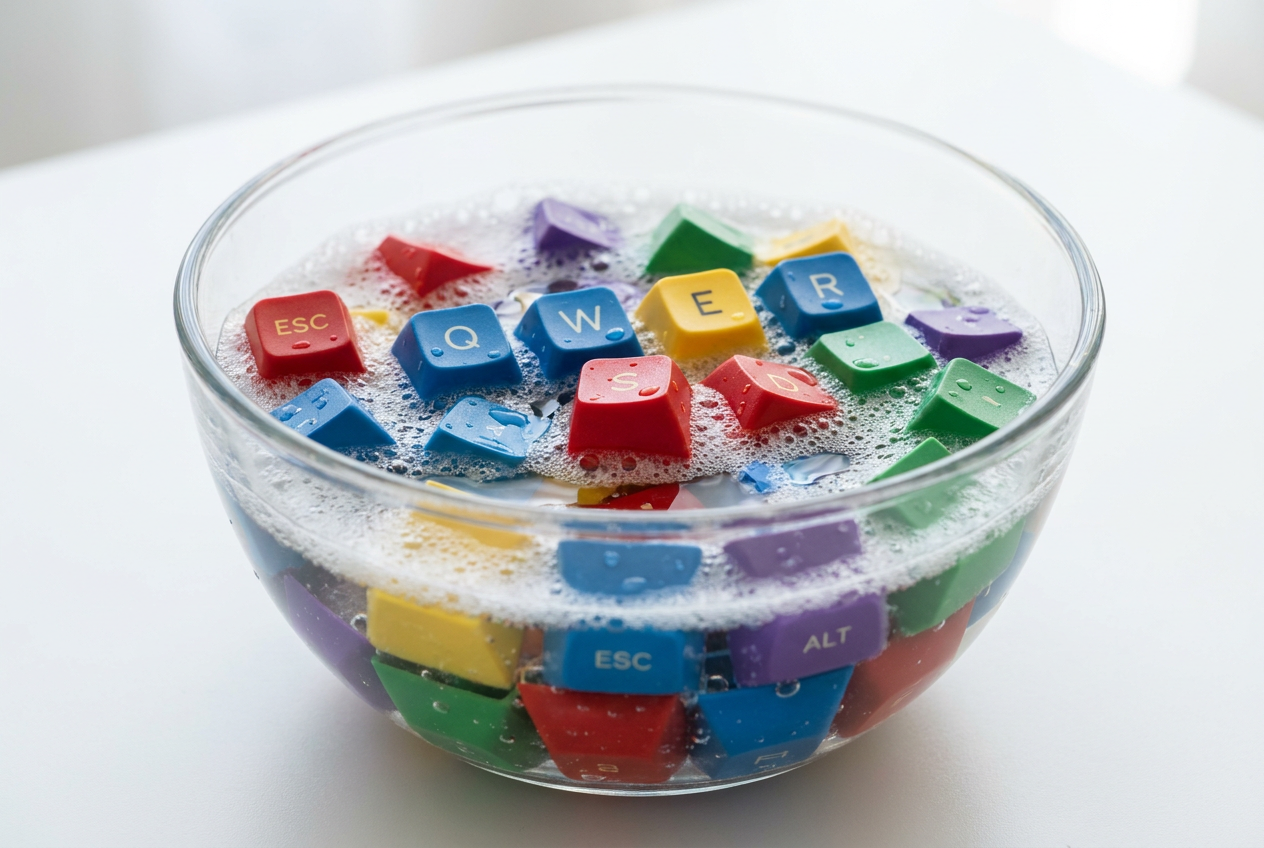 Teclas de teclado mecánico sumergidas en un recipiente con agua jabonosa y burbujas durante el proceso de limpieza profunda.