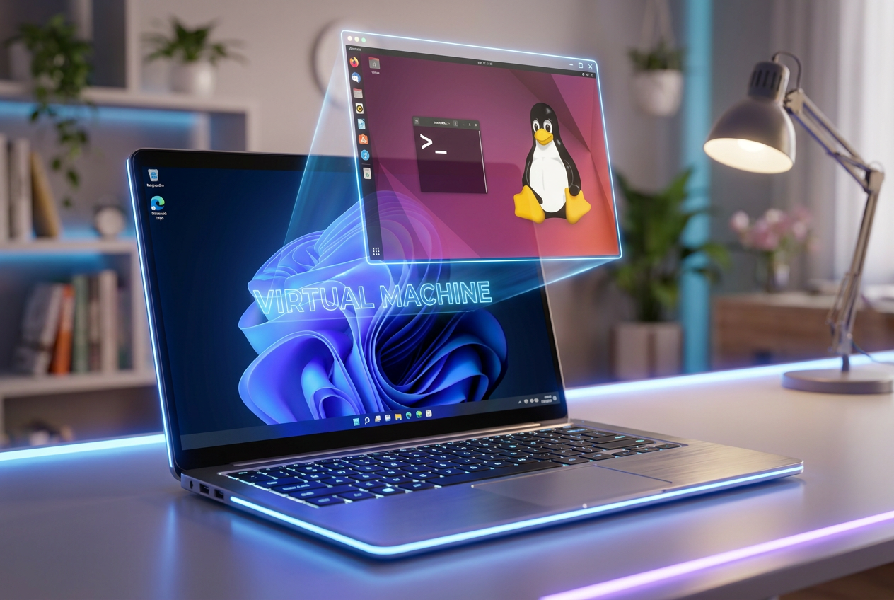 Ilustración conceptual de un portátil moderno ejecutando Windows, con una ventana digital semitransparente flotando sobre la pantalla que muestra el entorno de escritorio de Linux, representando una máquina virtual.
