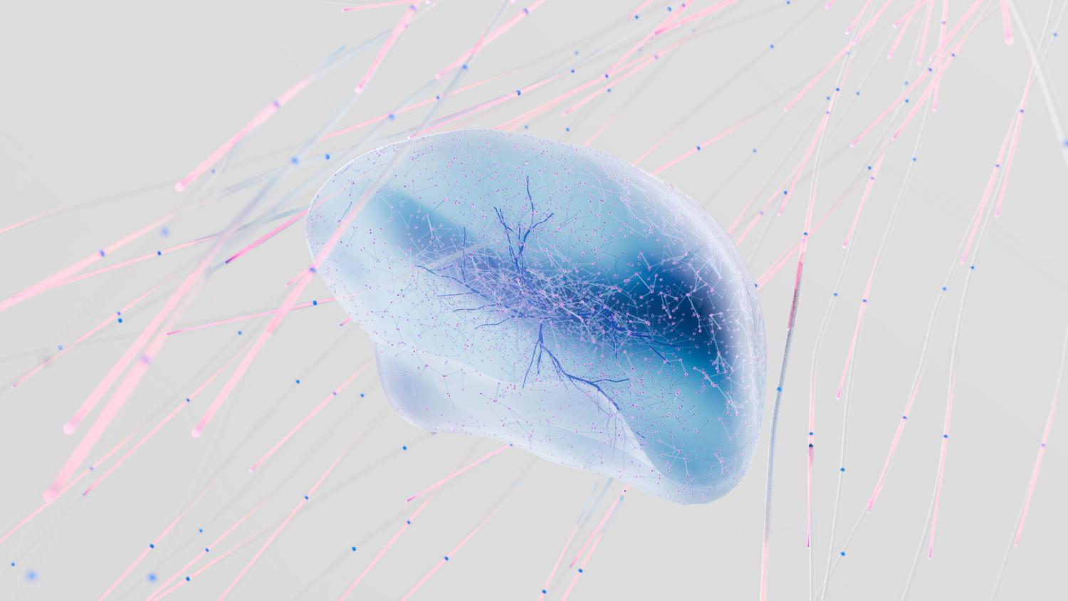 Visualización abstracta de un núcleo de IA con conexiones sinápticas en tonos azules y rosas suaves, representando el chasis base o estructura fundamental de un modelo de IA.