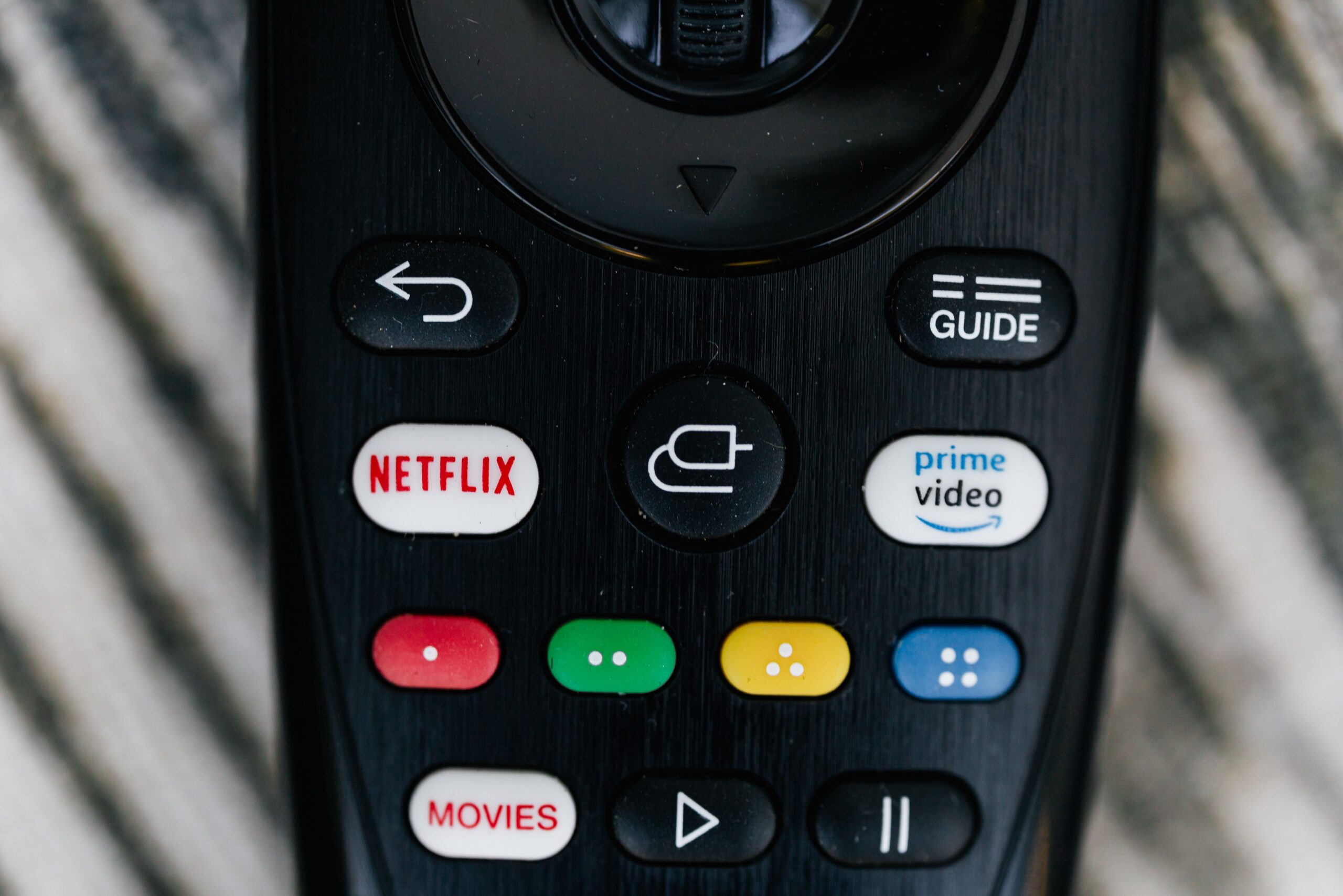 Imagen detallada de un mando a distancia de Smart TV con botones de servicios de streaming.