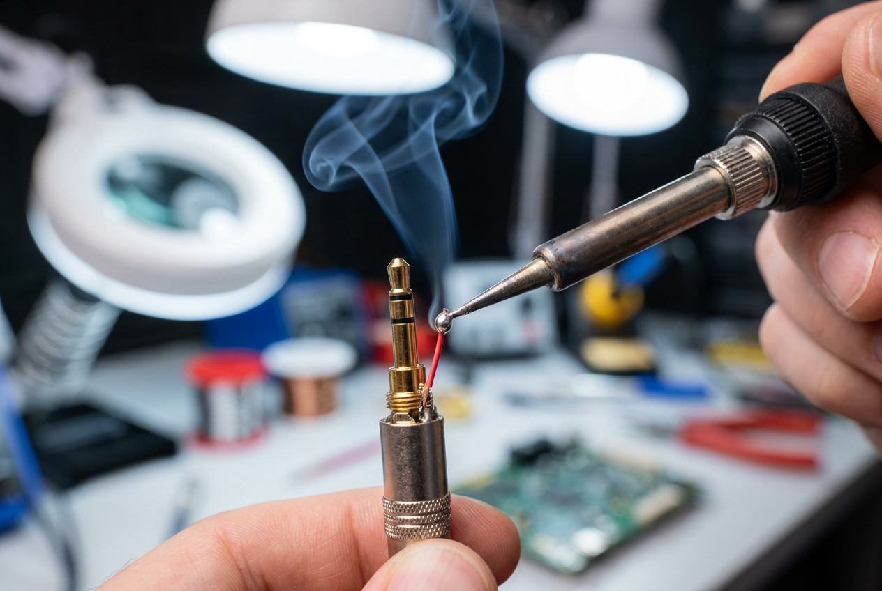 Detalle de una mano utilizando un soldador de punta fina para unir un hilo de color a un pin de un conector jack de 3,5 mm bañado en oro.