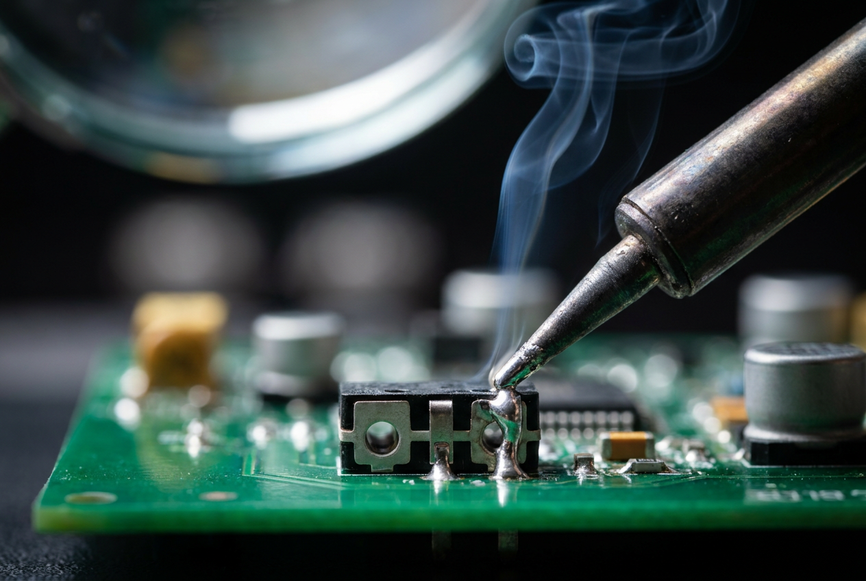 Detalle extremo de la punta de un soldador aplicando estaño para sustituir el microinterruptor mecánico en la placa electrónica de un ratón. Detalle extremo de la punta de un soldador aplicando estaño para sustituir el microinterruptor mecánico en la placa electrónica de un ratón.
