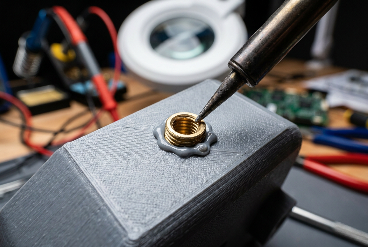 Instalación de un inserto térmico de latón en una pieza de plástico impresa en 3D mediante el uso de un soldador