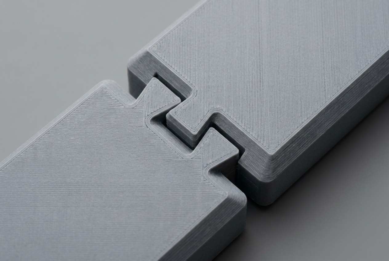 Detalle de una unión mecánica tipo cola de milano entre dos componentes impresos en 3D de color gris mate