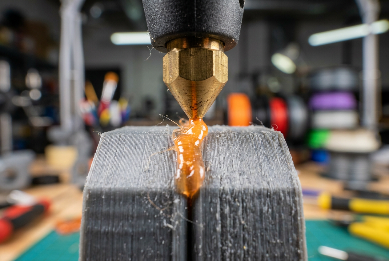 Primer plano de un lápiz 3D soldando dos piezas de plástico impresas en 3D con filamento naranja fundido