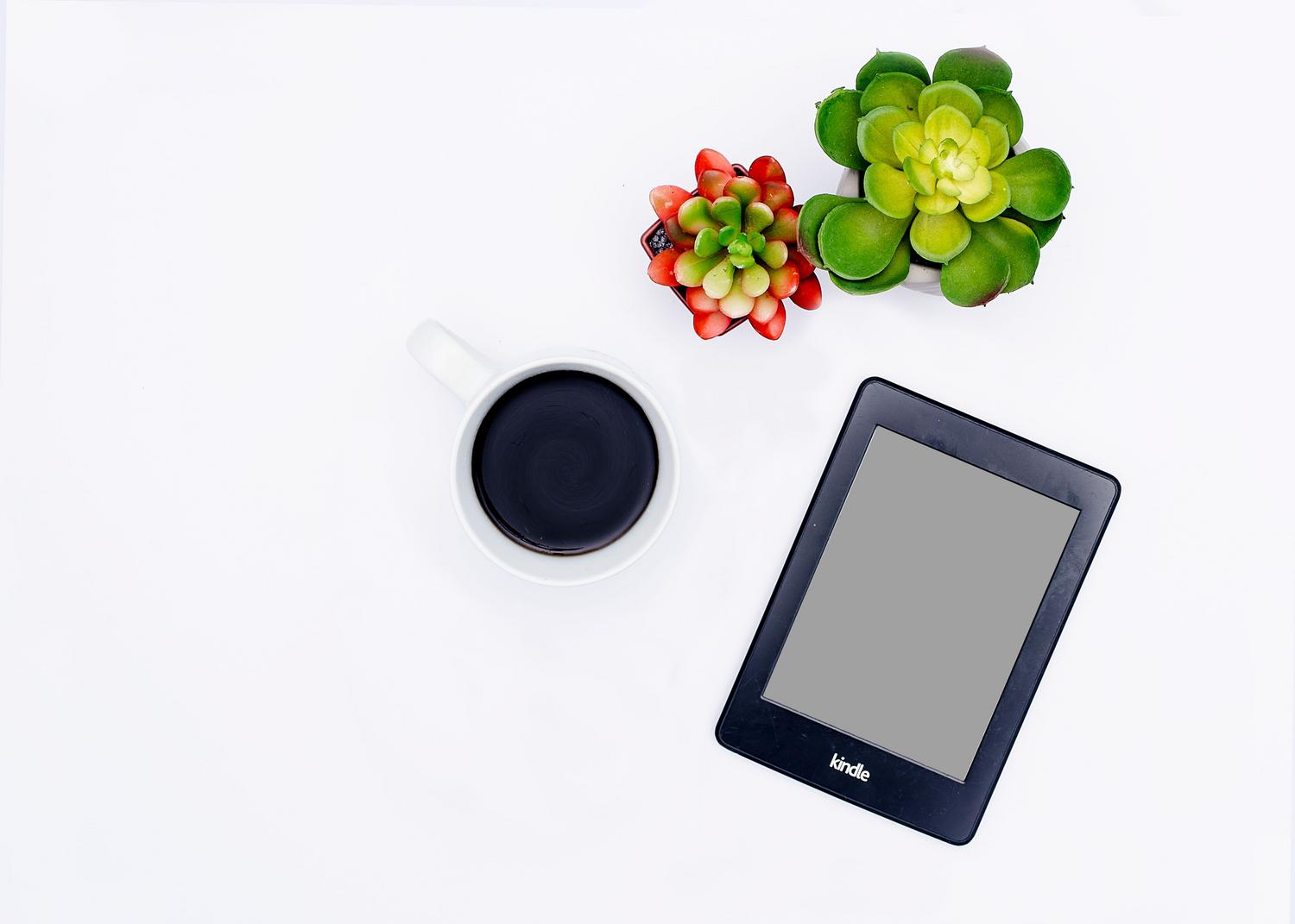 Vista superior de un lector de libros electrónicos Kindle junto a una taza de café y plantas suculentas sobre una mesa, ideal para representar el reciclaje de tecnología en el hogar. Vista superior de un lector de libros electrónicos Kindle junto a una taza de café y plantas suculentas sobre una mesa, ideal para representar el reciclaje de tecnología en el hogar.