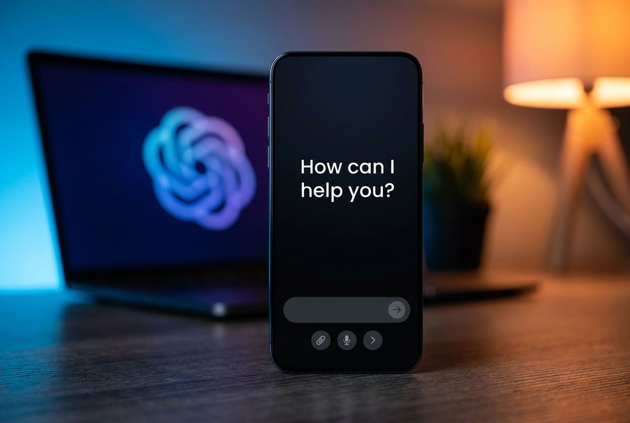Smartphone mostrando una interfaz de chat de inteligencia artificial genérica y profesional en modo oscuro sobre un escritorio moderno.