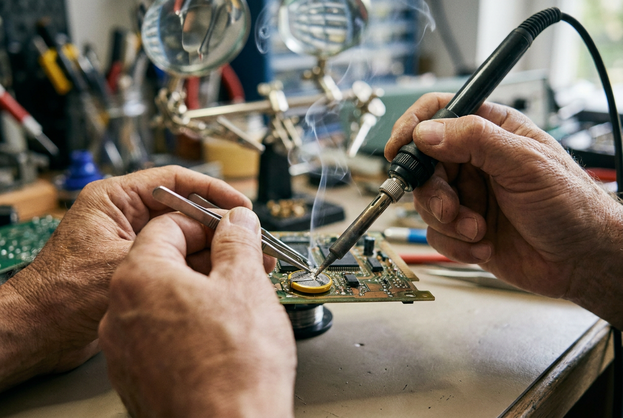 Técnico desoldando con precisión una batería antigua de una placa base electrónica Técnico desoldando con precisión una batería antigua de una placa base electrónica