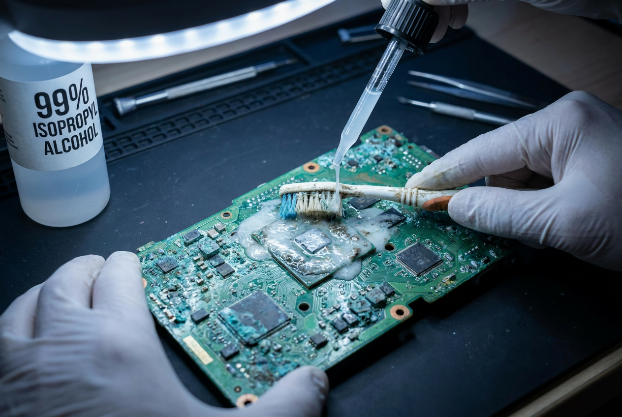 Limpieza de corrosión en una placa base electrónica utilizando un cepillo de dientes y alcohol isopropílico Limpieza de corrosión en una placa base electrónica utilizando un cepillo de dientes y alcohol isopropílico