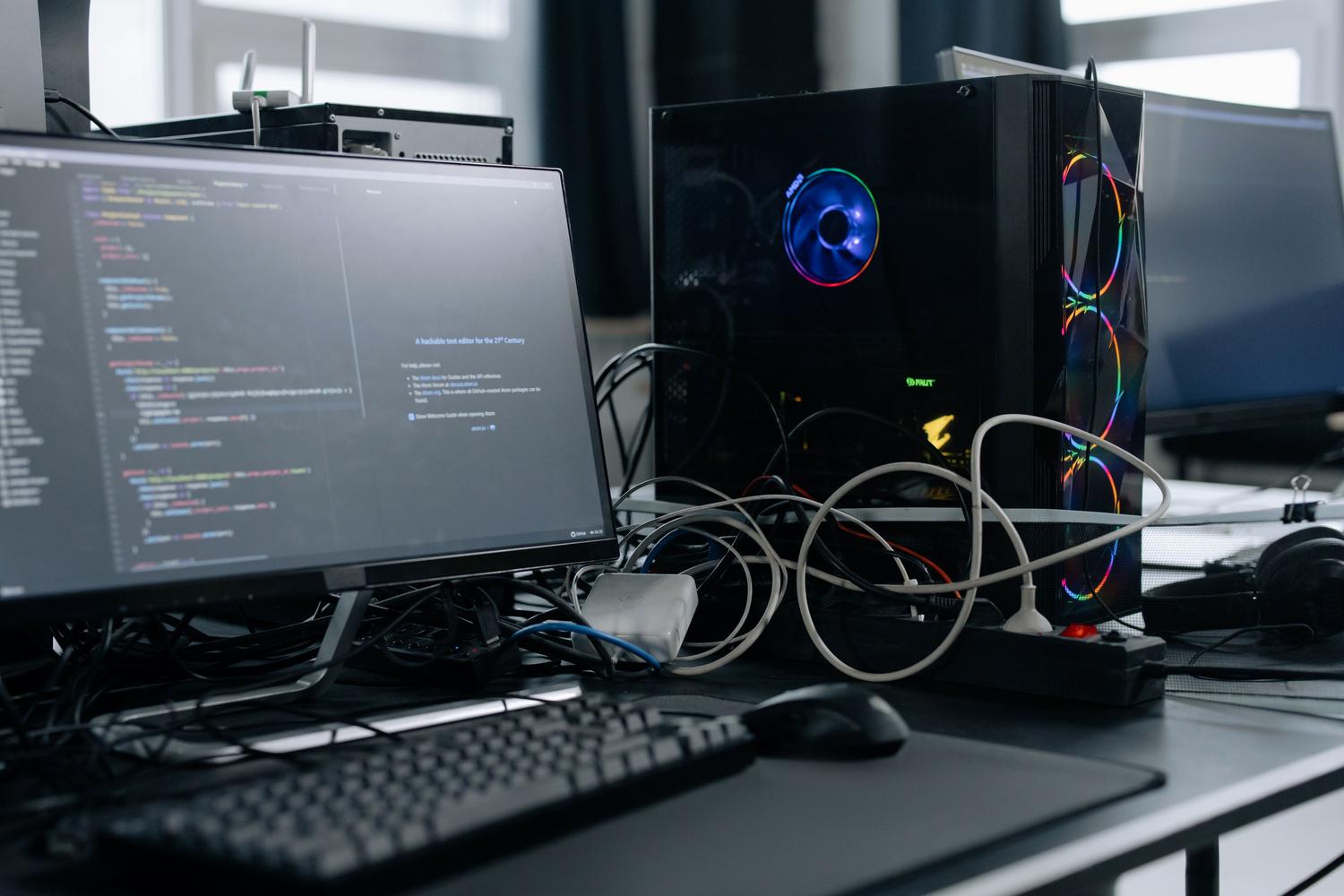 Estación de trabajo moderna con monitor y torre de PC, representando el uso de herramientas de software para analizar el rendimiento del sistema.