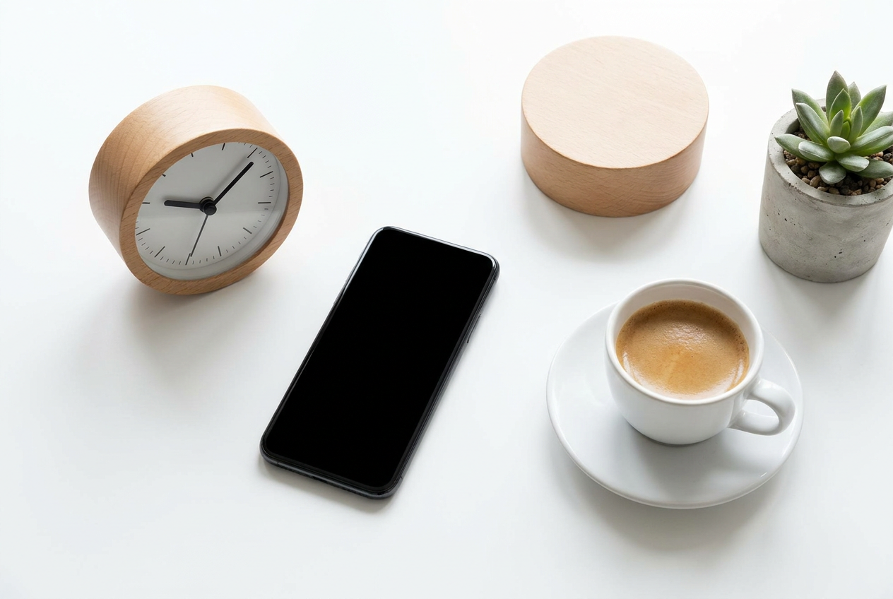 Vista cenital minimalista de un escritorio blanco con un smartphone y un reloj analógico, representando la gestión del tiempo en la comunicación.