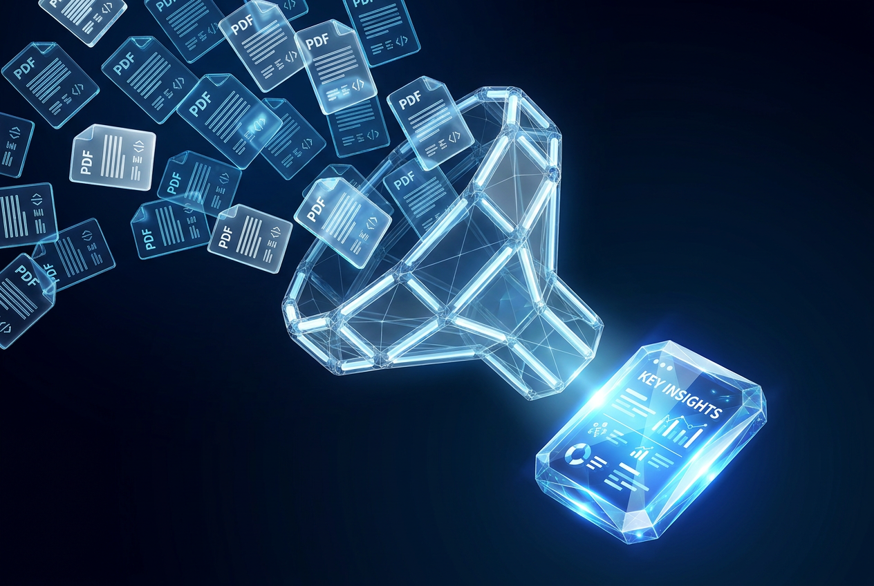 Representación conceptual 3D de la síntesis de información: hojas de PDF digitales fluyendo hacia un filtro tecnológico y transformándose en una página brillante de ideas principales.