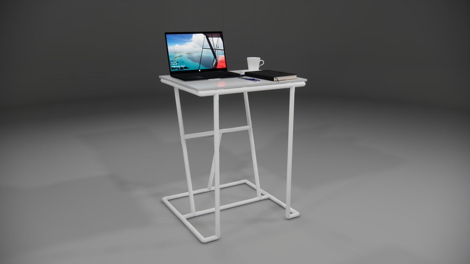 Escritorio minimalista con laptop y café simbolizando un entorno de trabajo organizado