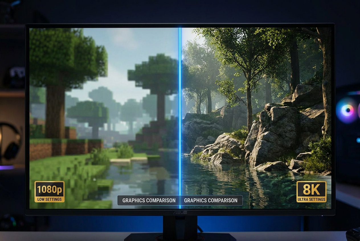 Comparativa visual de reescalado: lado izquierdo con resolución baja y pixelada, lado derecho con resolución 4K nítida y detallada.
