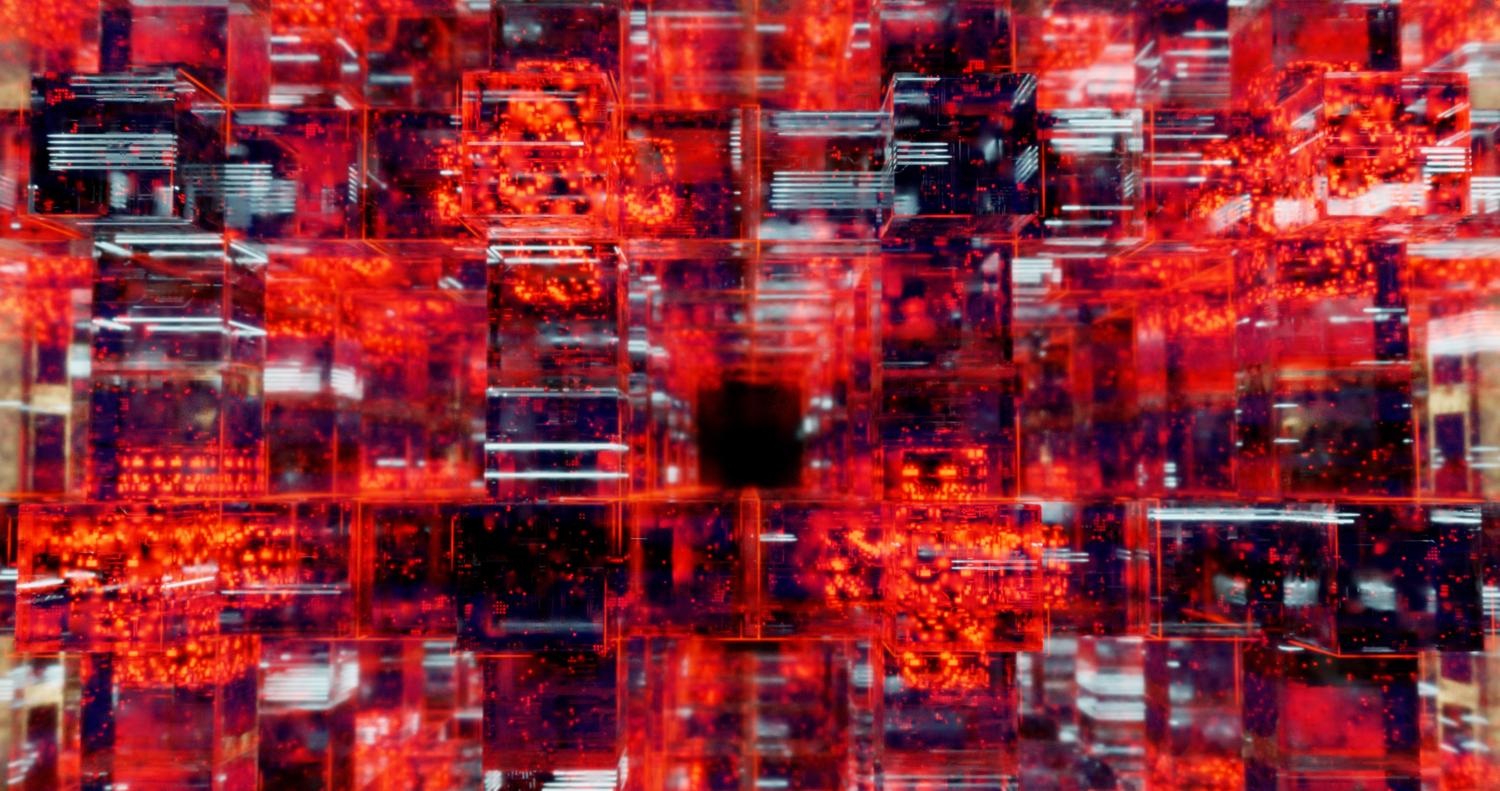 Arte digital abstracto en rojo y negro con efecto de matriz, representando los riesgos y amenazas de ciberseguridad en las capas profundas de la red.
