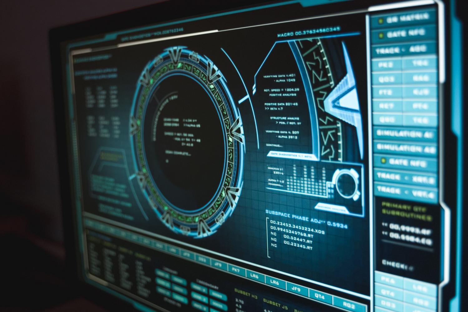 Interfaz de alta tecnología con datos de ciberseguridad y monitoreo, simbolizando el análisis de riesgo continuo y el escaneo de ISPM.