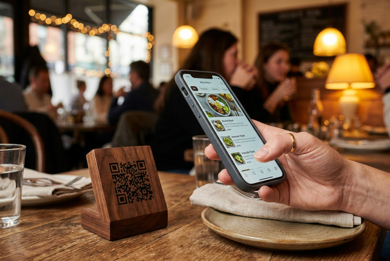 Cliente escaneando un código QR en un soporte de madera sobre la mesa para acceder al menú digital.